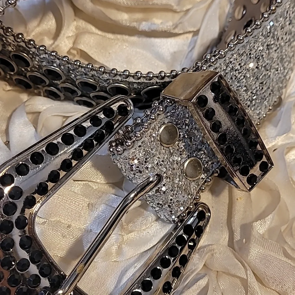 Rhinestone & Black Stud Grommet Womens Belt With Statement Buckle